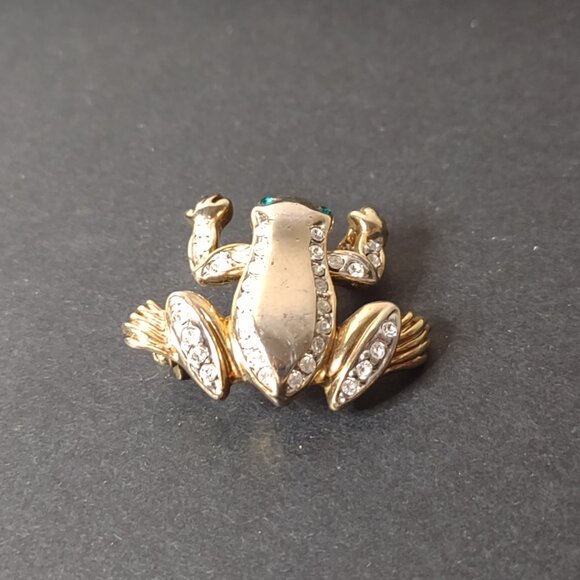 Little Gold Tone Frog Brooch With Green Eyes - Picture 10 of 12